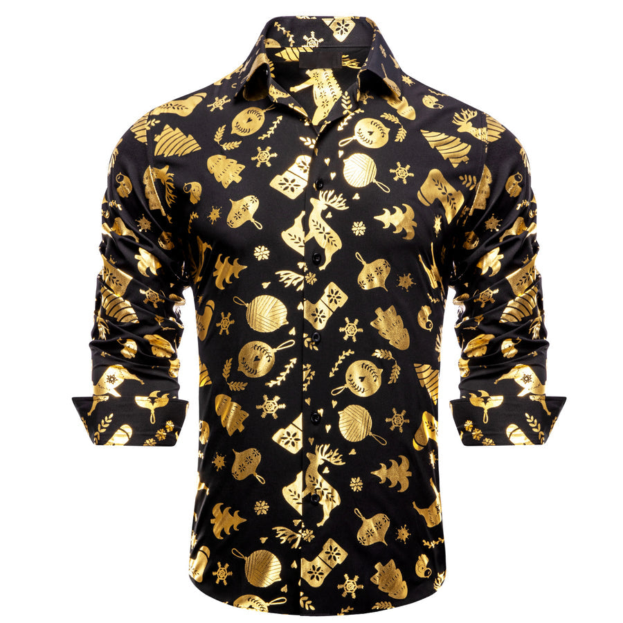 Black Christmas Golden Novelty Dress Shirt shirt S   - Sophisticated Gentlemen