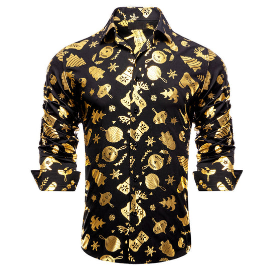 Black Christmas Golden Novelty Dress Shirt shirt S   - Sophisticated Gentlemen