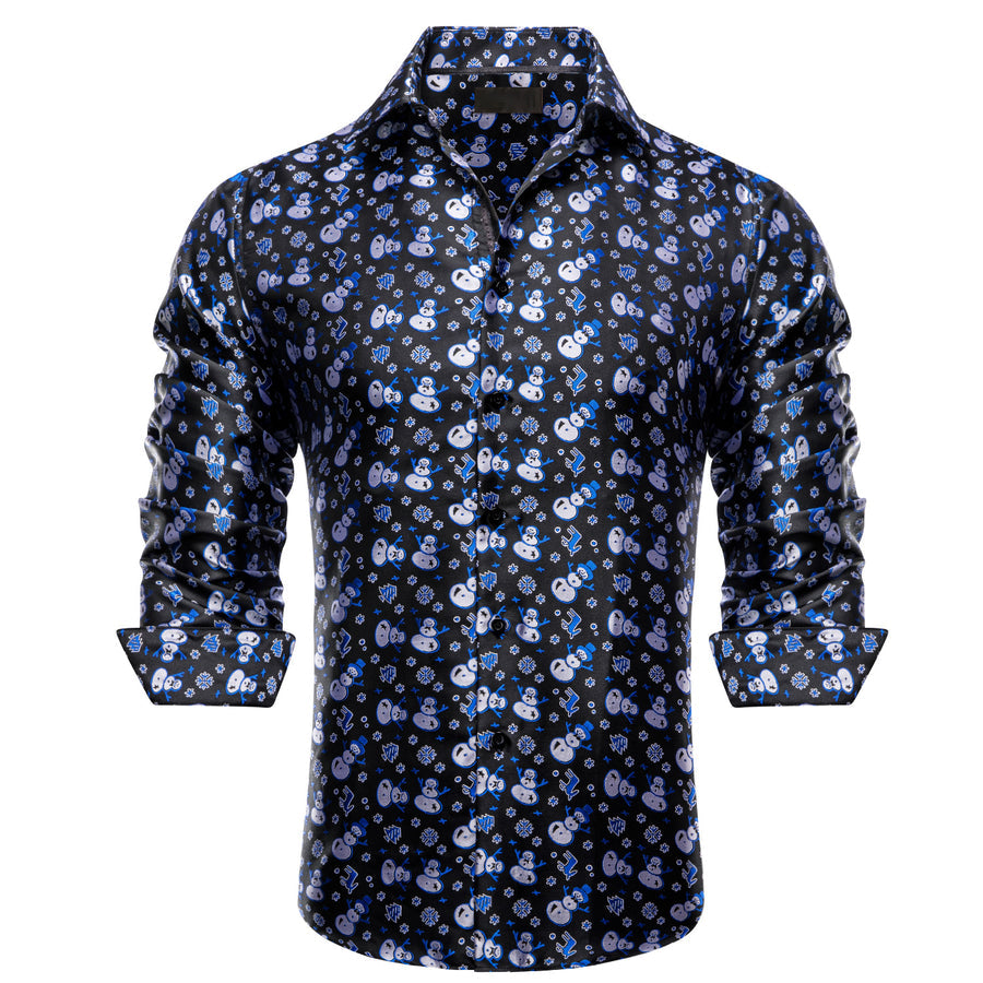 Black Christmas Sky Blue Snowmwan Novelty Dress Shirt shirt S   - Sophisticated Gentlemen