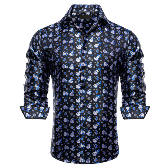 Black Christmas Sky Blue Snowmwan Novelty Dress Shirt shirt S   - Sophisticated Gentlemen