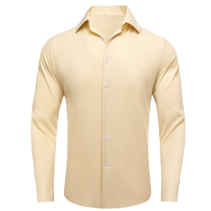 Beige Solid Stretch Woven Dress Shirt shirt S   - Sophisticated Gentlemen