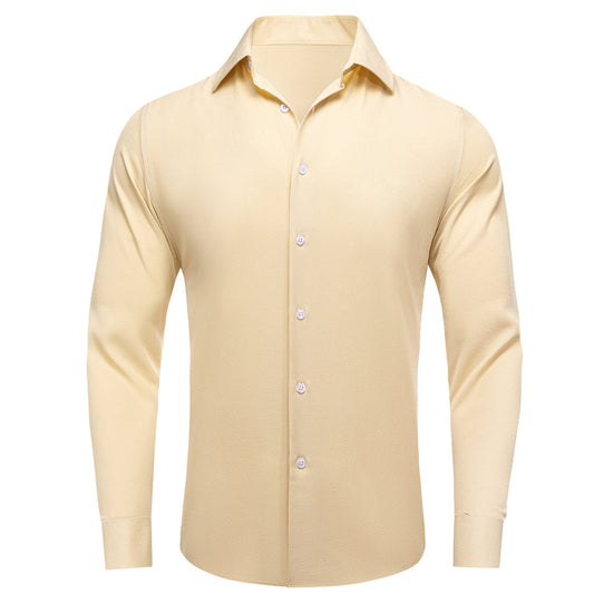 Beige Solid Stretch Woven Dress Shirt shirt S   - Sophisticated Gentlemen