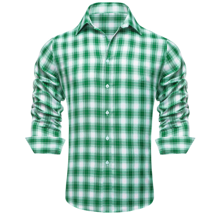 Green White Plaid Men's Silk Dress Shirt shirt    - Sophisticated Gentlemen