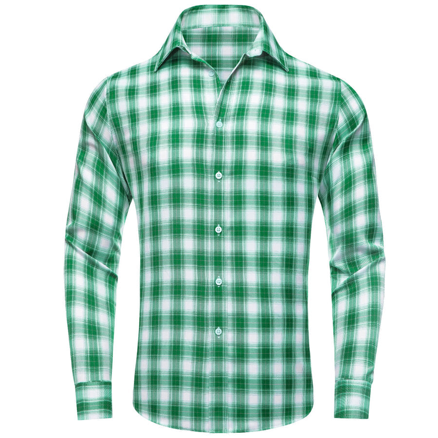Green White Plaid Men's Silk Dress Shirt shirt S   - Sophisticated Gentlemen