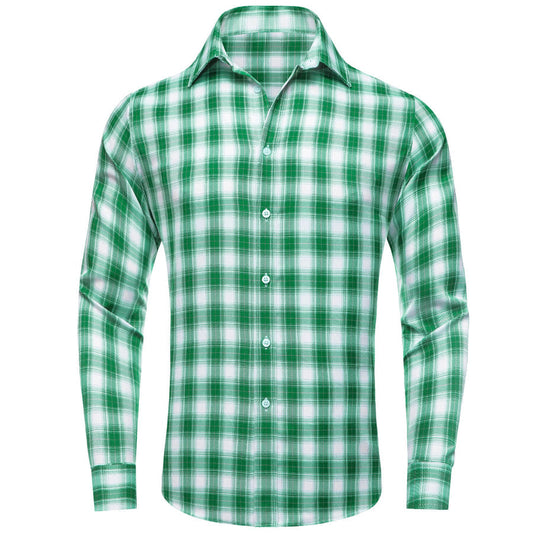 Green White Plaid Men's Silk Dress Shirt shirt S   - Sophisticated Gentlemen