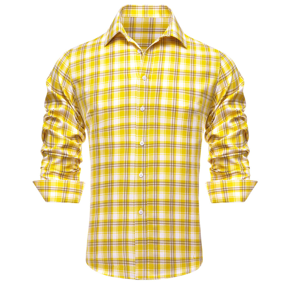 Yellow White Plaid Men's Silk Dress Shirt shirt    - Sophisticated Gentlemen