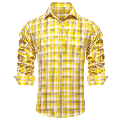 Yellow White Plaid Men's Silk Dress Shirt shirt    - Sophisticated Gentlemen