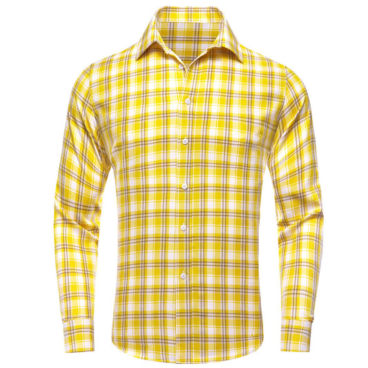 Yellow White Plaid Men's Silk Dress Shirt shirt S   - Sophisticated Gentlemen