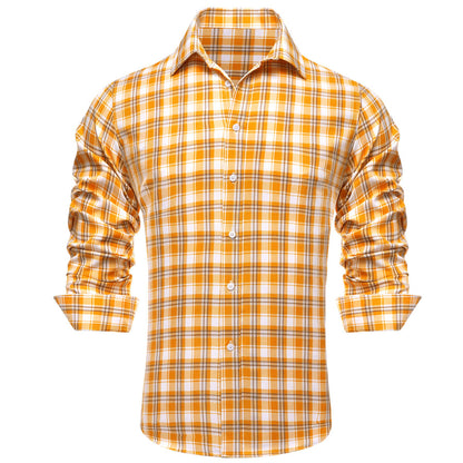 Orange White Plaid Men's Silk Dress Shirt shirt    - Sophisticated Gentlemen