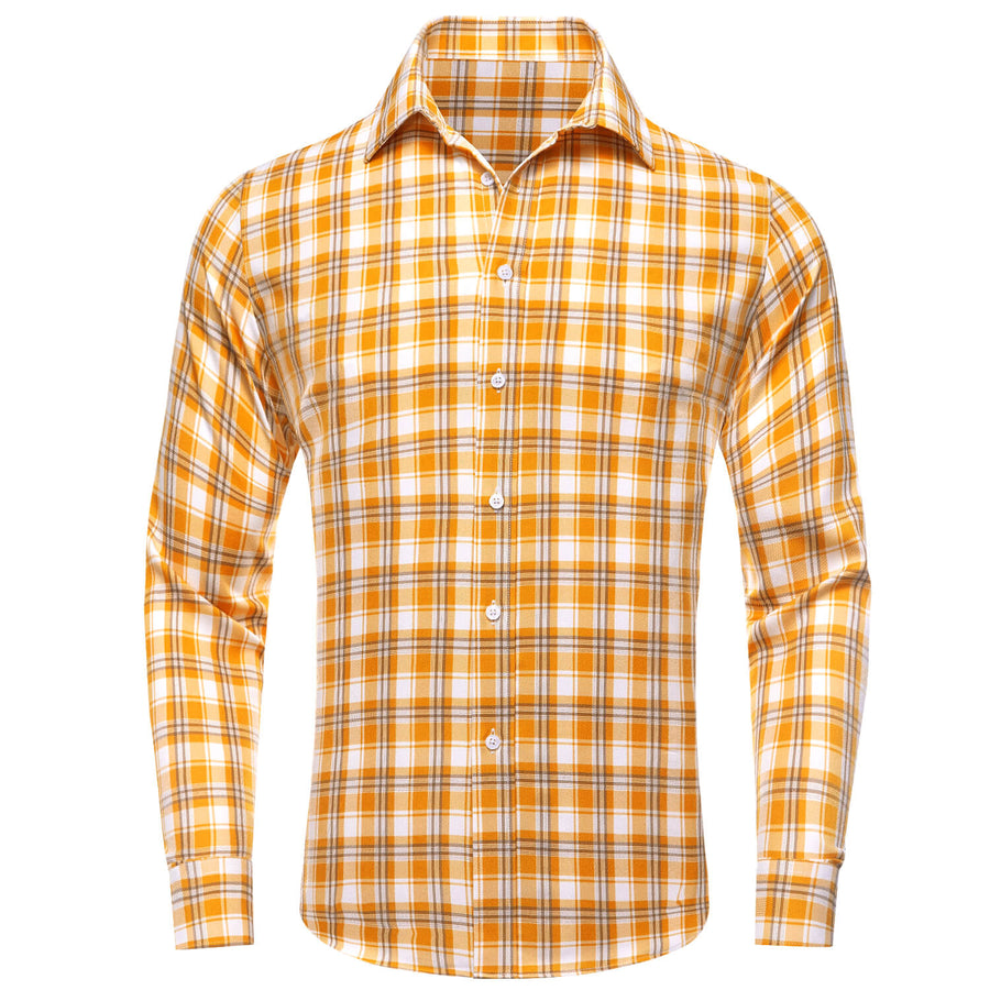Orange White Plaid Men's Silk Dress Shirt shirt S   - Sophisticated Gentlemen