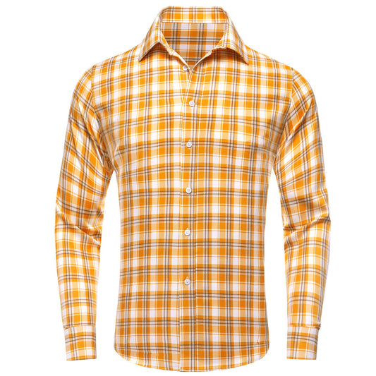 Orange White Plaid Men's Silk Dress Shirt shirt S   - Sophisticated Gentlemen