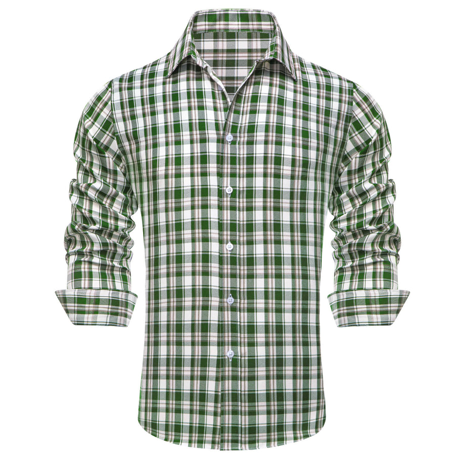 Green White Brown Woven Plaid Men's Silk Dress Shirt shirt    - Sophisticated Gentlemen
