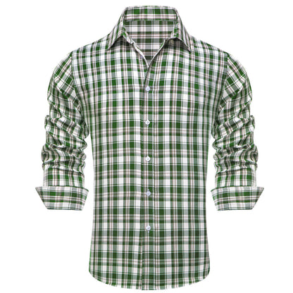 Green White Brown Woven Plaid Men's Silk Dress Shirt shirt    - Sophisticated Gentlemen