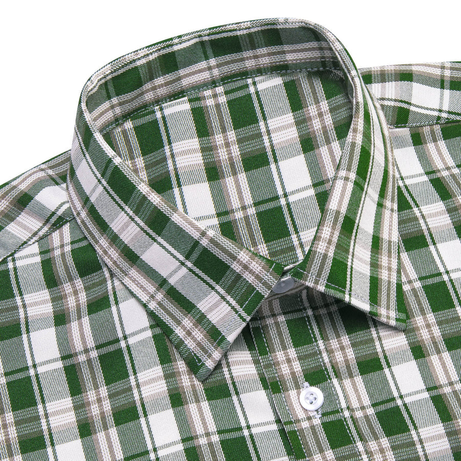 Green White Brown Woven Plaid Men's Silk Dress Shirt shirt    - Sophisticated Gentlemen