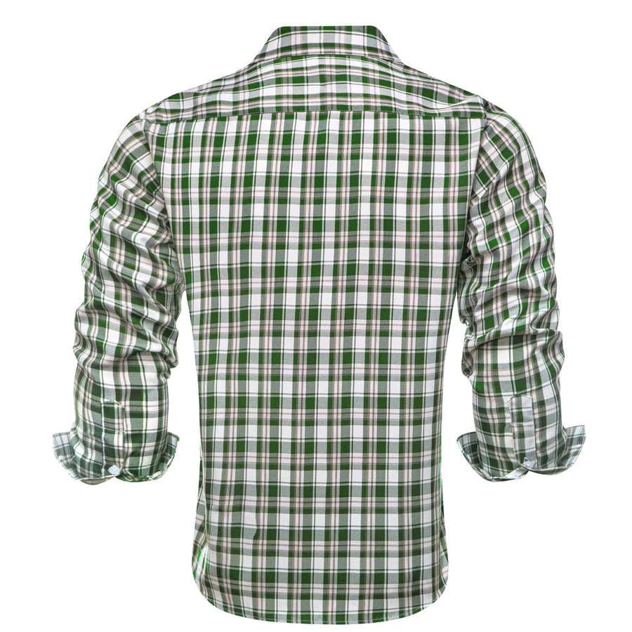 Green White Brown Woven Plaid Men's Silk Dress Shirt shirt    - Sophisticated Gentlemen