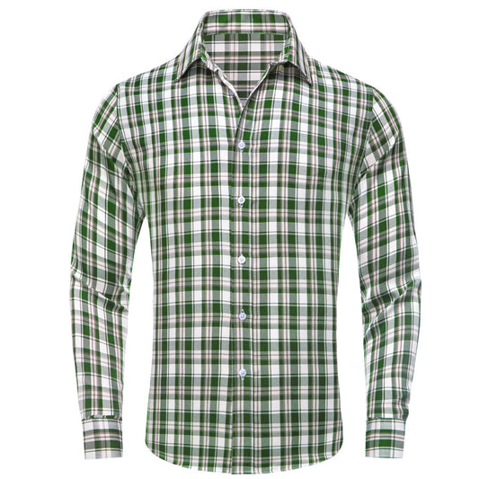 Green White Brown Woven Plaid Men's Silk Dress Shirt shirt S   - Sophisticated Gentlemen