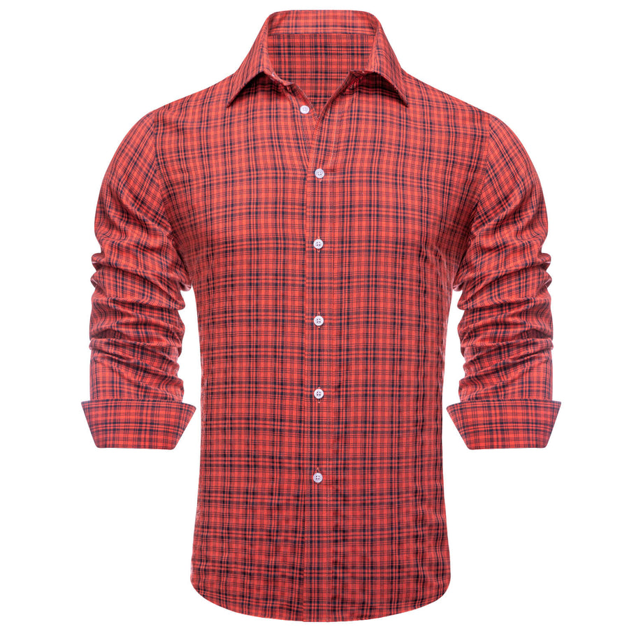 Red Black Brown Woven Plaid Men's Silk Dress Shirt shirt    - Sophisticated Gentlemen