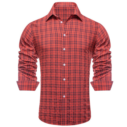 Red Black Brown Woven Plaid Men's Silk Dress Shirt shirt    - Sophisticated Gentlemen