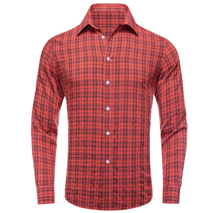 Red Black Brown Woven Plaid Men's Silk Dress Shirt shirt S   - Sophisticated Gentlemen