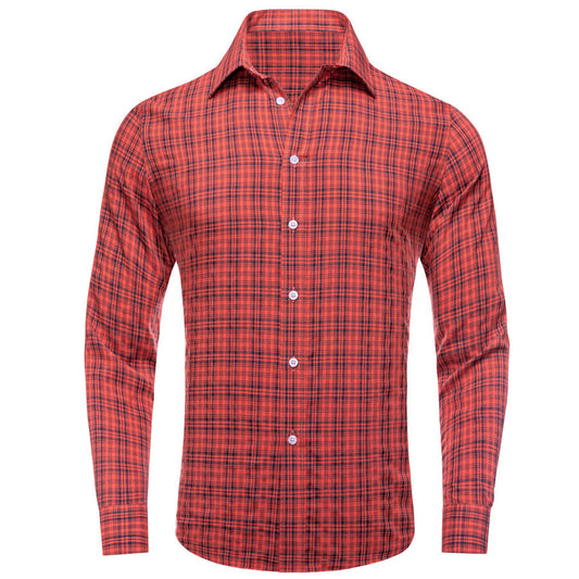 Red Black Brown Woven Plaid Men's Silk Dress Shirt shirt S   - Sophisticated Gentlemen