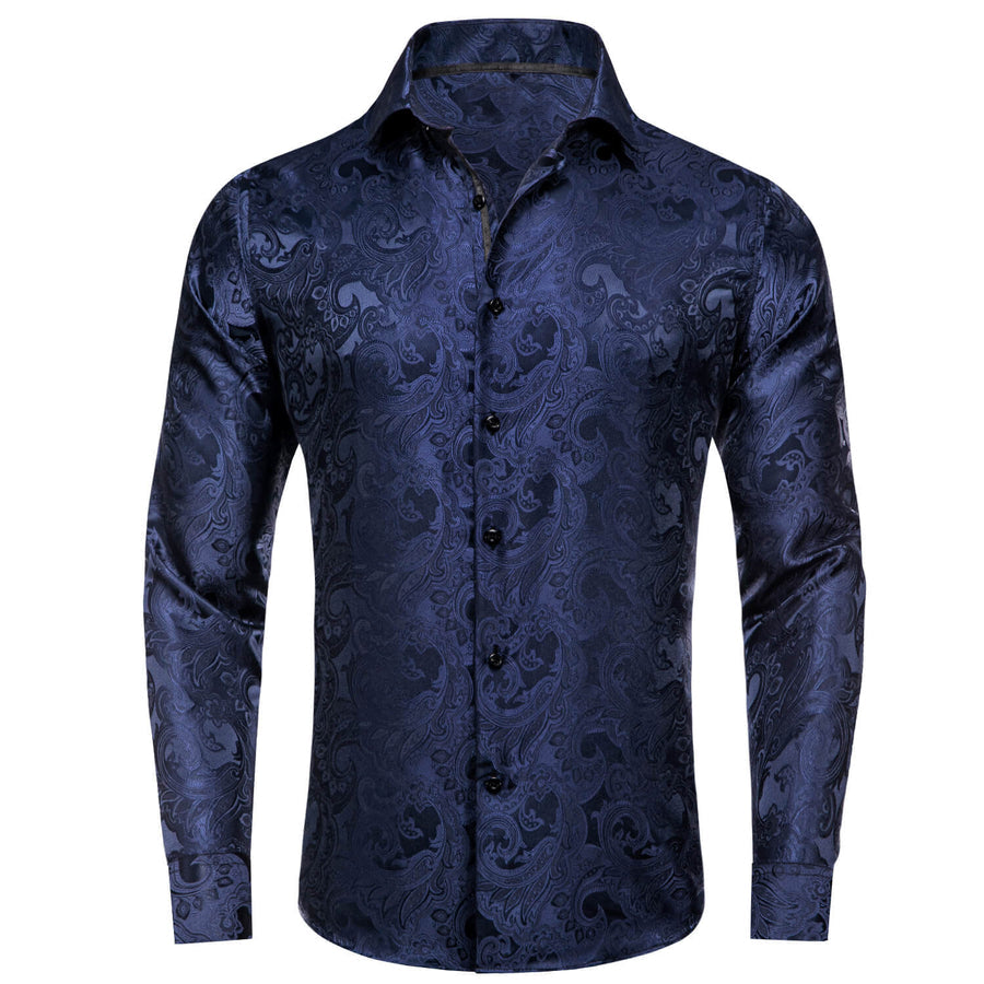 Midnight Blue Floral Silk Dress Shirt shirt S   - Sophisticated Gentlemen