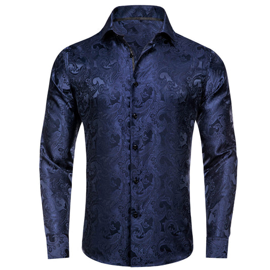 Midnight Blue Floral Silk Dress Shirt shirt S   - Sophisticated Gentlemen