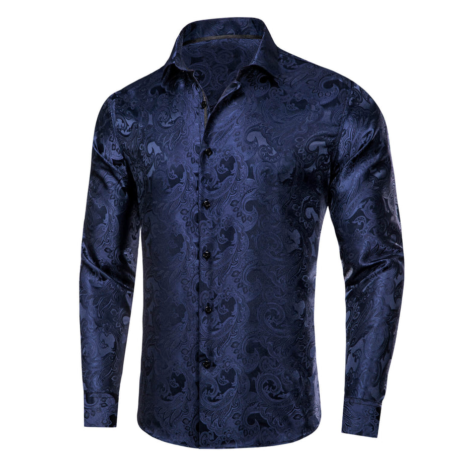 Midnight Blue Floral Silk Dress Shirt shirt    - Sophisticated Gentlemen