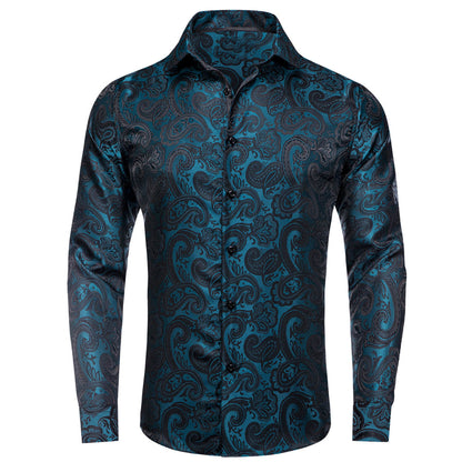 Teal Black Paisley Silk Dress Shirt shirt S   - Sophisticated Gentlemen