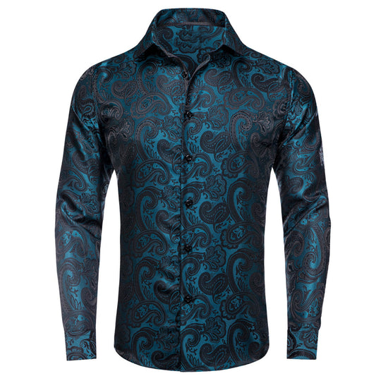 Teal Black Paisley Silk Dress Shirt shirt S   - Sophisticated Gentlemen