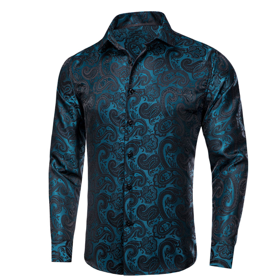 Teal Black Paisley Silk Dress Shirt shirt    - Sophisticated Gentlemen