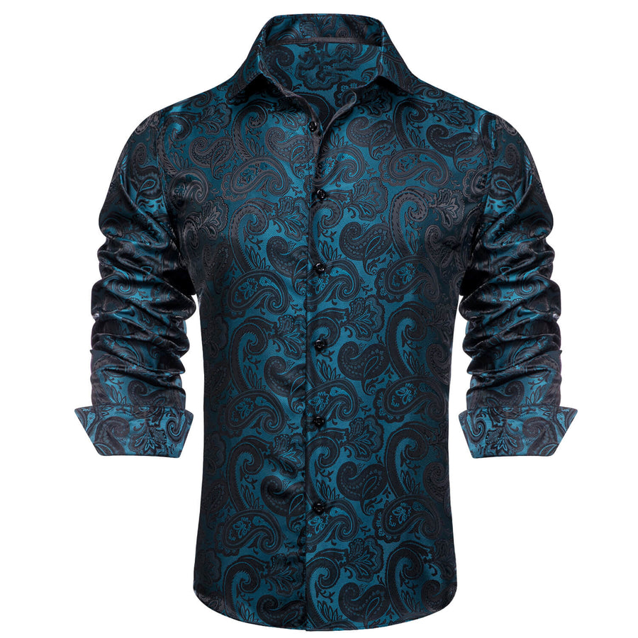 Teal Black Paisley Silk Dress Shirt shirt    - Sophisticated Gentlemen