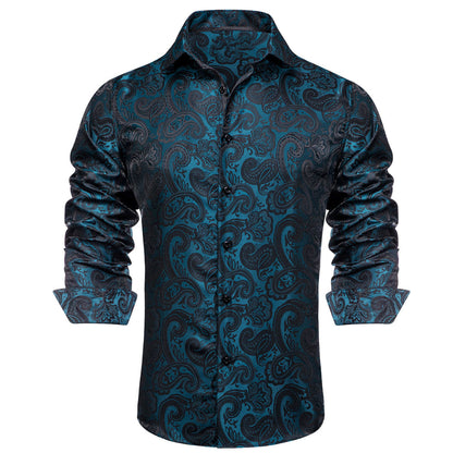 Teal Black Paisley Silk Dress Shirt shirt    - Sophisticated Gentlemen