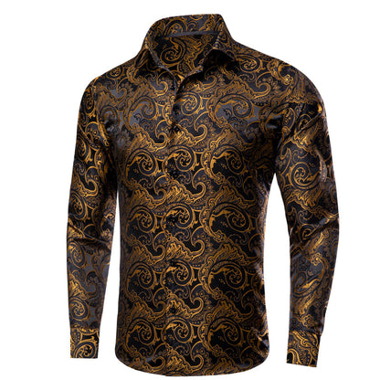 Black Golden Woven Floral Men's Silk Dress Shirt shirt    - Sophisticated Gentlemen