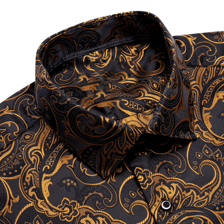 Black Golden Woven Floral Men's Silk Dress Shirt shirt    - Sophisticated Gentlemen
