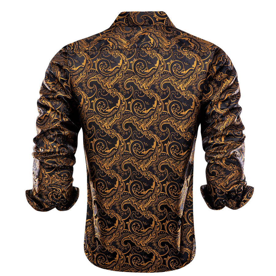 Black Golden Woven Floral Men's Silk Dress Shirt shirt    - Sophisticated Gentlemen