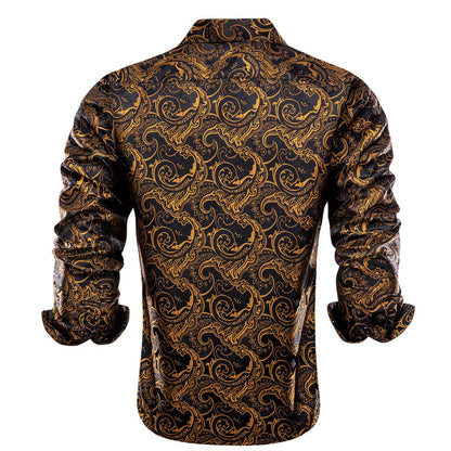 Black Golden Woven Floral Men's Silk Dress Shirt shirt    - Sophisticated Gentlemen