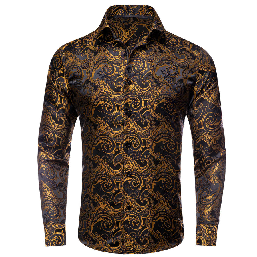 Black Golden Woven Floral Men's Silk Dress Shirt shirt S   - Sophisticated Gentlemen
