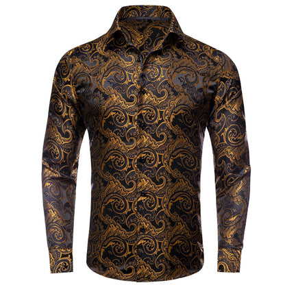 Black Golden Woven Floral Men's Silk Dress Shirt shirt S   - Sophisticated Gentlemen