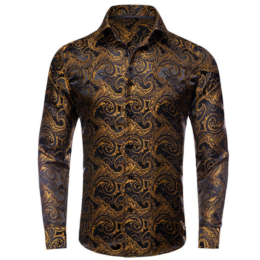 Black Golden Woven Floral Men's Silk Dress Shirt shirt S   - Sophisticated Gentlemen
