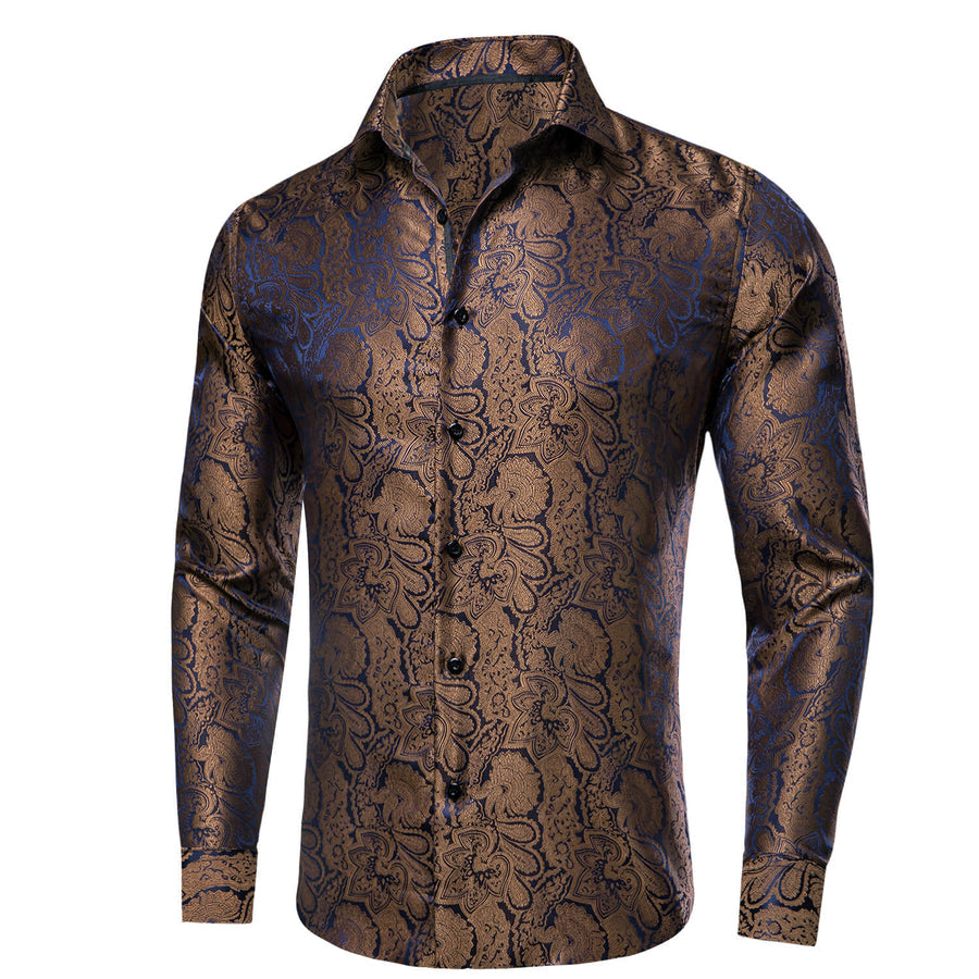 Peanut Brown Blue Jacquard Floral Silk Dress Shirt shirt    - Sophisticated Gentlemen