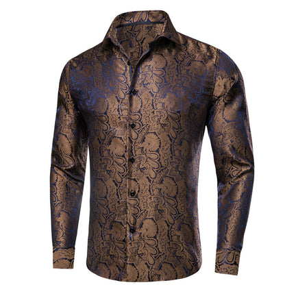 Peanut Brown Blue Jacquard Floral Silk Dress Shirt shirt    - Sophisticated Gentlemen
