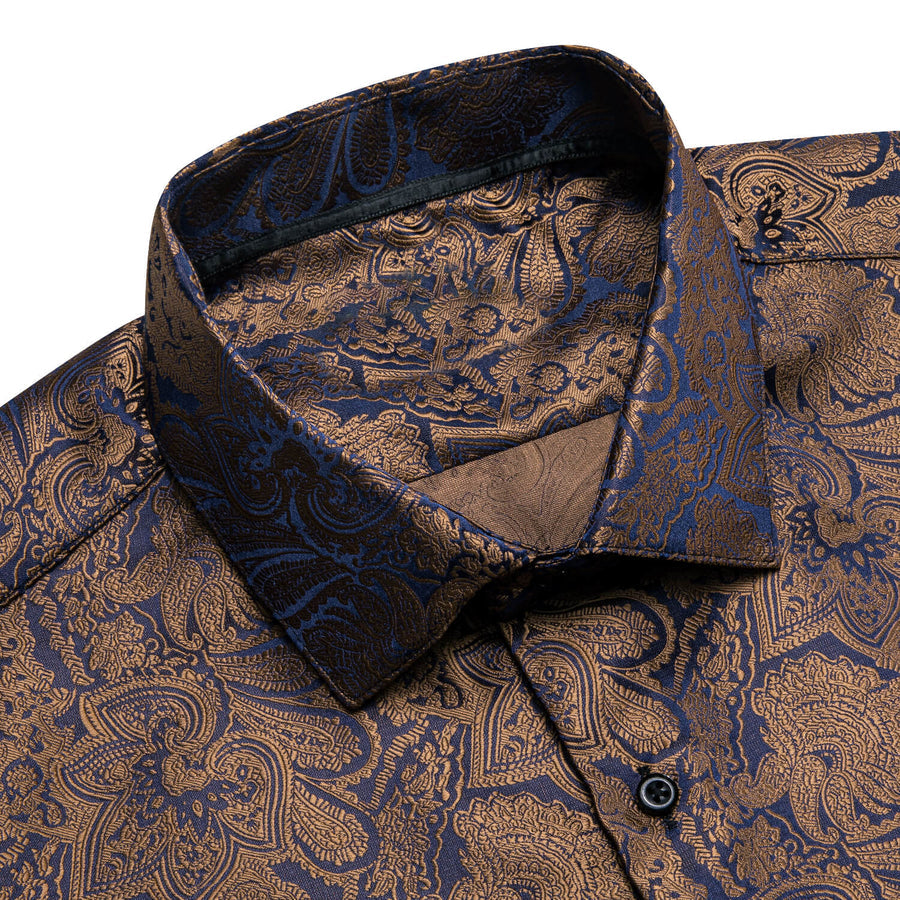 Peanut Brown Blue Jacquard Floral Silk Dress Shirt shirt    - Sophisticated Gentlemen