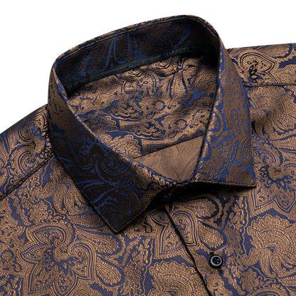 Peanut Brown Blue Jacquard Floral Silk Dress Shirt shirt    - Sophisticated Gentlemen