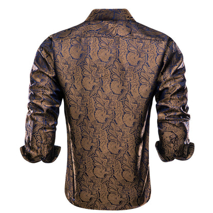 Peanut Brown Blue Jacquard Floral Silk Dress Shirt shirt    - Sophisticated Gentlemen