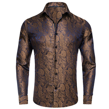 Peanut Brown Blue Jacquard Floral Silk Dress Shirt shirt S   - Sophisticated Gentlemen