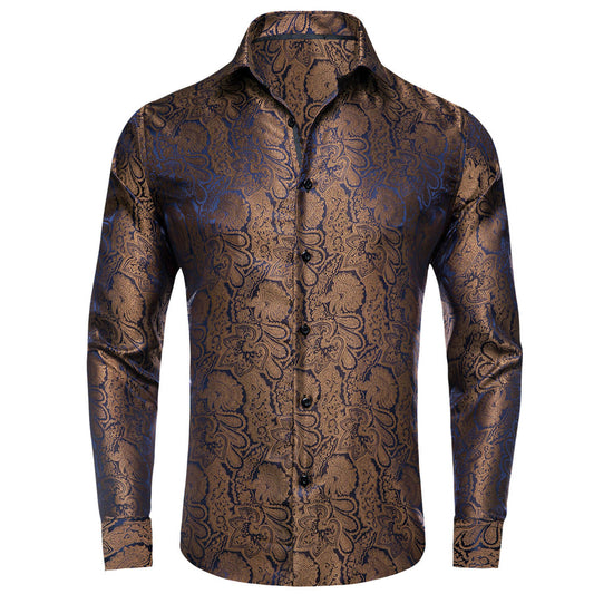 Peanut Brown Blue Jacquard Floral Silk Dress Shirt shirt S   - Sophisticated Gentlemen