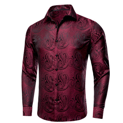 Dark Red Black Paisley Silk Dress Shirt shirt    - Sophisticated Gentlemen