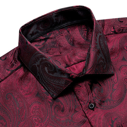 Dark Red Black Paisley Silk Dress Shirt shirt    - Sophisticated Gentlemen