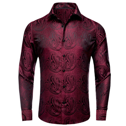 Dark Red Black Paisley Silk Dress Shirt shirt S   - Sophisticated Gentlemen