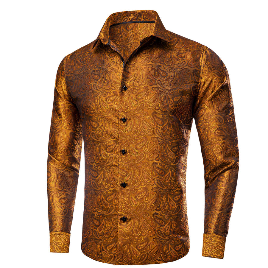 Bronze Brown Paisley Silk Dress Shirt shirt    - Sophisticated Gentlemen
